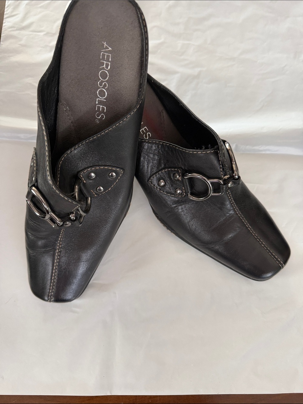 AEROSOLES Black Leather Buckle Slip-On Mules